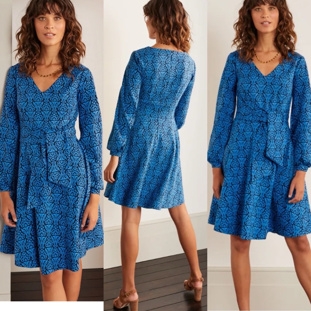 Boden Benedicta Ponte Belted Fit Flare Dress Blue Sz 8 Vneck Floret Stamp Knee‎